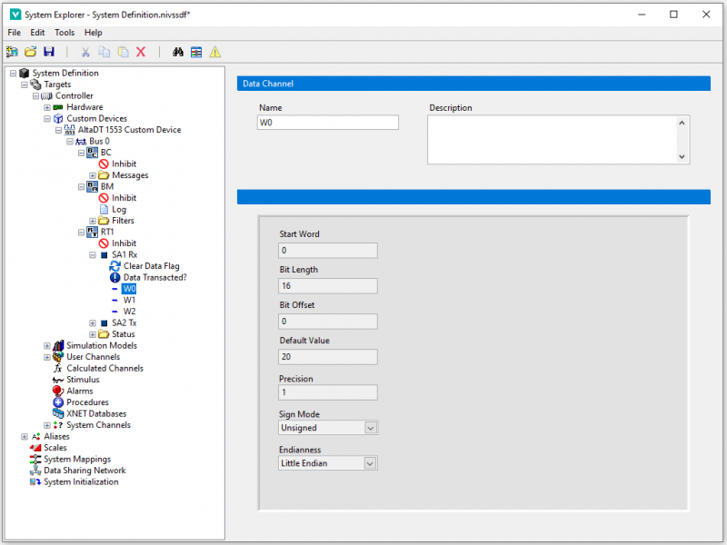Figure 2 A data channel showing parameters for converting raw bus values to engineering units.